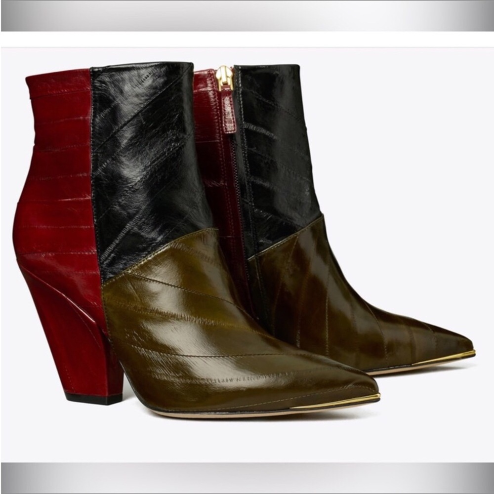TORY BURCH LILA 90mm ZIP UP ANKLE BOOTIE EEL LEATHER OLIVE PERFECT BLACK WINE